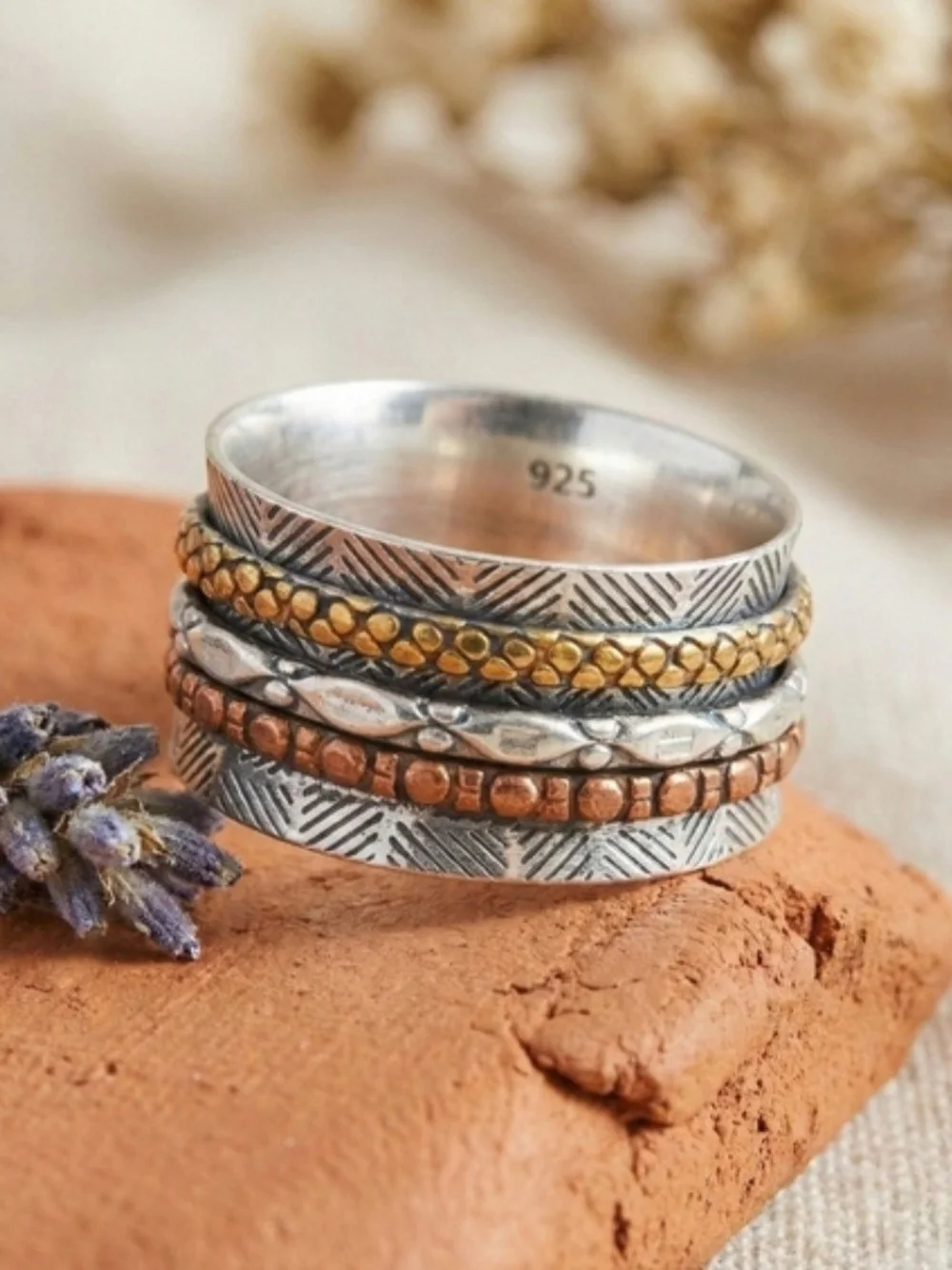 925 Sterling Silver Spinner Ring Size 10 Mixed Metal Brass Copper Handmade